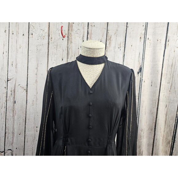 JESSIE LIU Women's L Black Silk Gold Beaded Gusset Choker ALine Dress EUC - Picture 2 of 9
